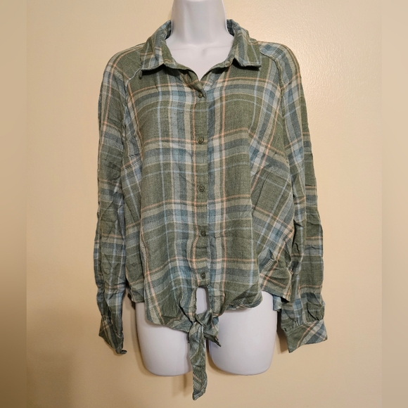 bp Tops - NWOT BP. Tie Front Tartan Plaid Long Sleeve Button Down Shirt 90s Teal Medium